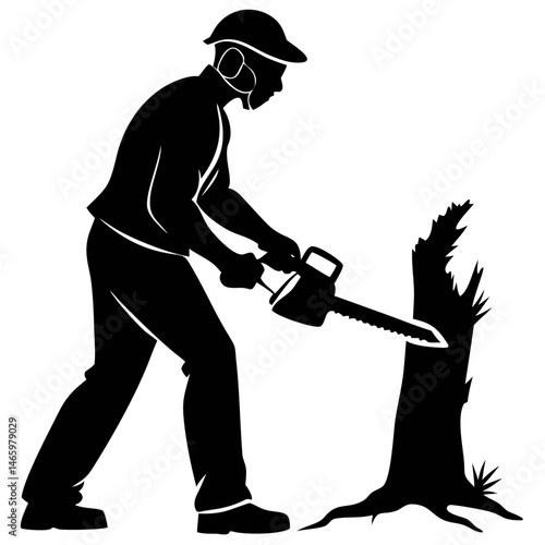 Worker in Safety Gear Uses a Chainsaw to Cut Down a Tree Stump in a Forest During Daylight Hours Generative AI