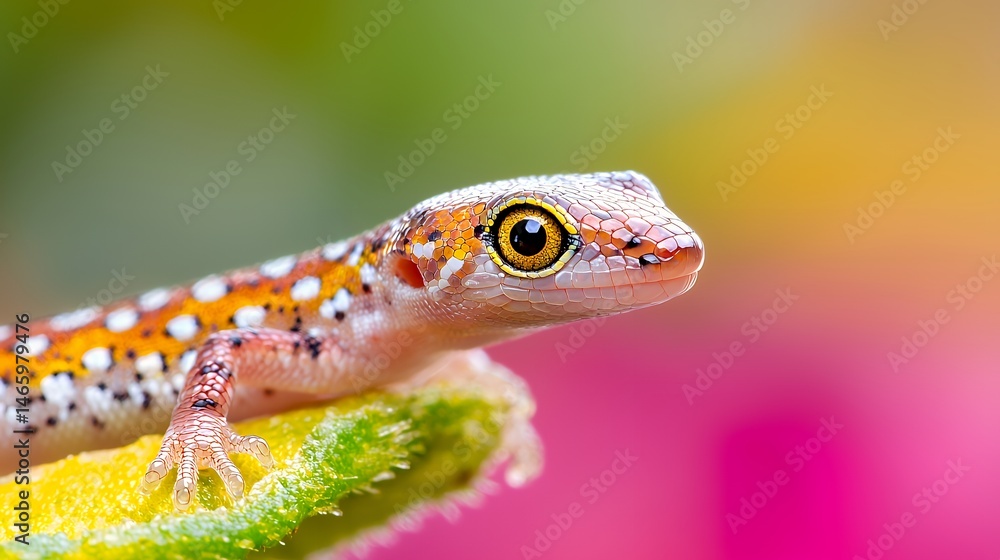 Obraz premium Close-up of Gecko Resting on a Green Leaf with Colorful Bokeh Background