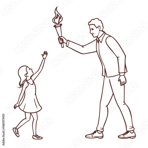 Silhouette of a Man Passing a Torch to a Girl Symbolizing Mentorship and the Transfer of Knowledge and Responsibility Generative AI