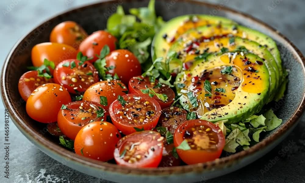 Fresh salad bowl featuring sliced avocado, cherry tomatoes, and greens on a textured background Fresh salad bowl featuring sliced avocado, cherry tomatoes, and greens on a textured background