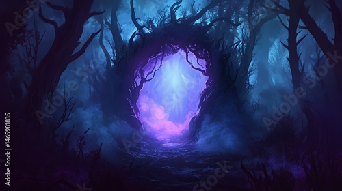 Mystical Forest Portal Glowing With Purple Light