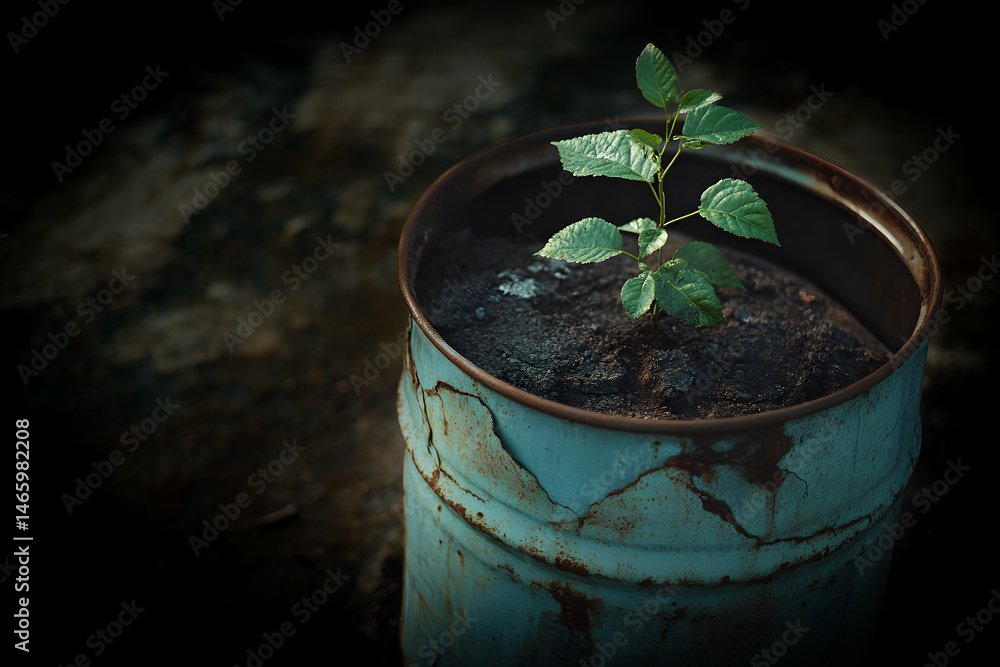 Green plant emerging from cracks in rusted petroleum barrel, highlighting environmental recovery and nature resilience in damaged industrial zone where fuel once dominated soil.
