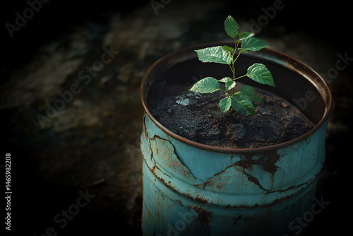 Obraz na płótnie Green plant emerging from cracks in rusted petroleum barrel, highlighting environmental recovery and nature resilience in damaged industrial zone where fuel once dominated soil. w salonie