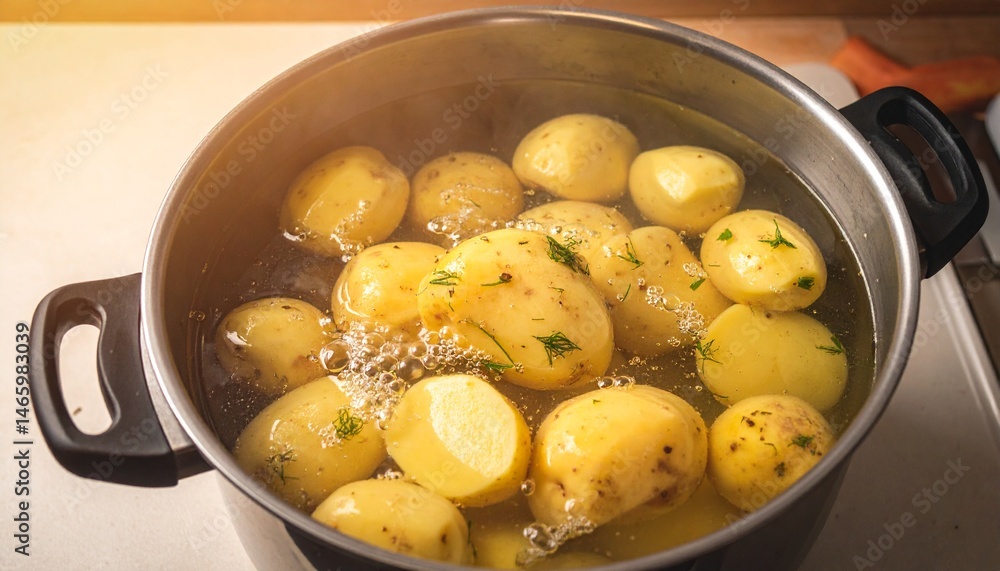 Potatoes boiling in salt water in a large pot, kitchen table view, warm tone lighting Potatoes boiling in salt water in a large pot, kitchen table view, warm tone lighting