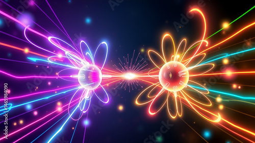 The illustration shows vibrant colored lines representing positrons and electrons colliding, creating a burst of light as they annihilate each other and release energy in the form of photons