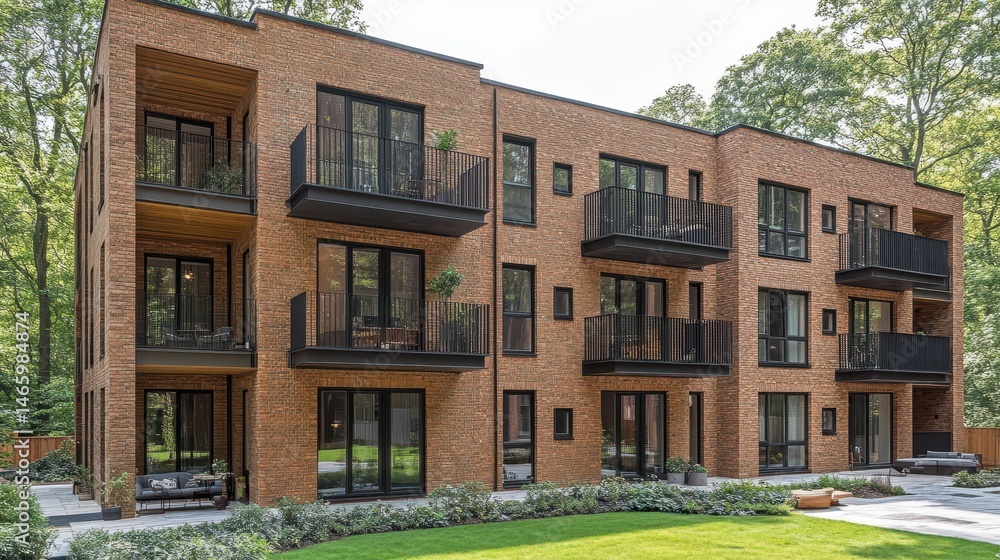 Fototapeta premium Modern brick apartment complex with balconies and lush greenery 