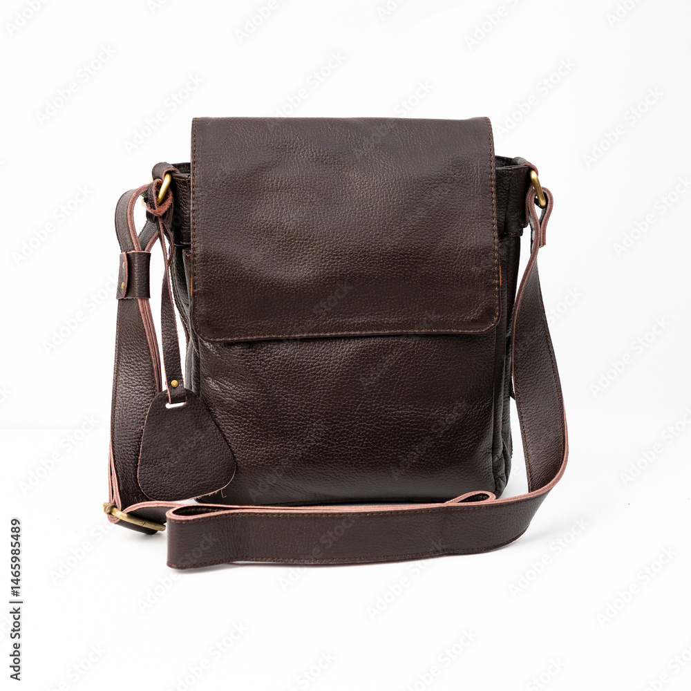 Naklejka premium Blank brown leather shoulder bag isolated on white background, perfect for leather product catalogue