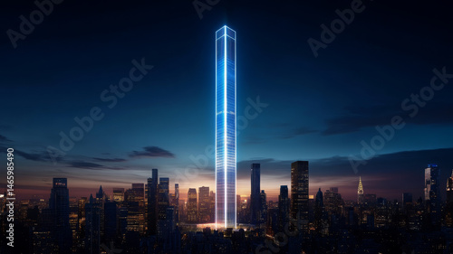 Stunning view of tall skyscraper glowing in night sky, surrounded by city skyline