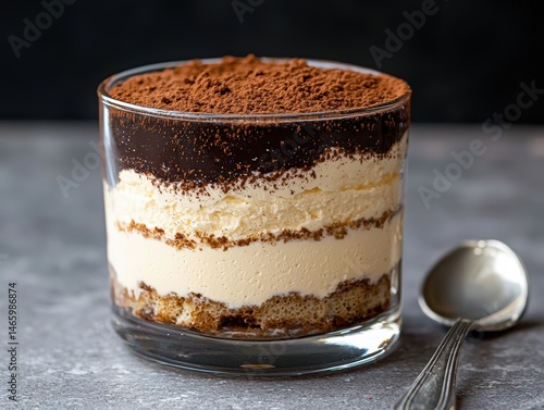 Delicious tiramisu dessert in glass, topped with cocoa powder.