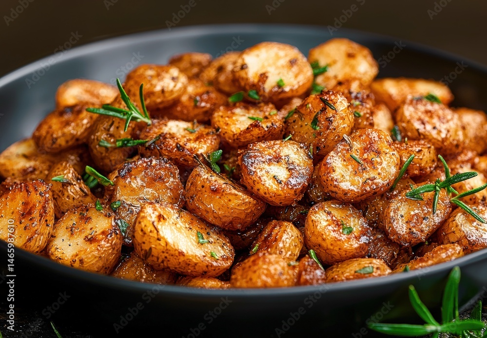 Roasted potatoes with rosemary in a black bowl. Roasted potatoes with rosemary in a black bowl.