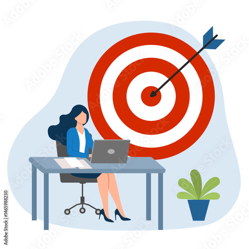 Woman working with laptop. Target marketing. Achieve goal. Business strategy. Work planning. Ads and retargeting.