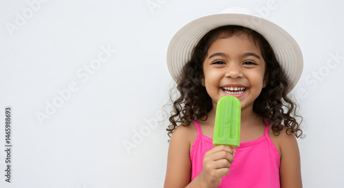 Happy little girl eating green popsicle wearing sun hat summer treat children's health and wellness lifestyle