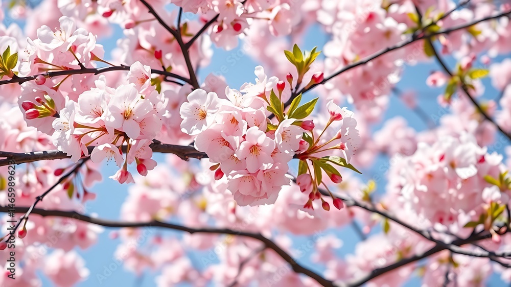 Closeup of Delicate Pink Cherry Blossoms in Full Bloom Against a Bright Blue Sky Closeup of Delicate Pink Cherry Blossoms in Full Bloom Against a Bright Blue Sky