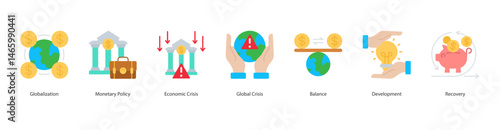 Global Economic Recovery icon sheet web banner vector globalization, monetary policy, economic crisis, global crisis, balance, development, recovery