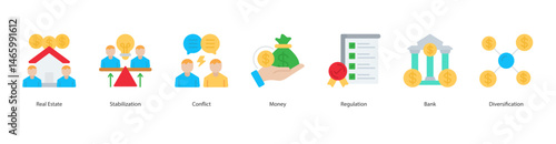 Real Estate Stability icon sheet web banner vector real estate, stabilization, conflict, money, regulation, bank, diversification