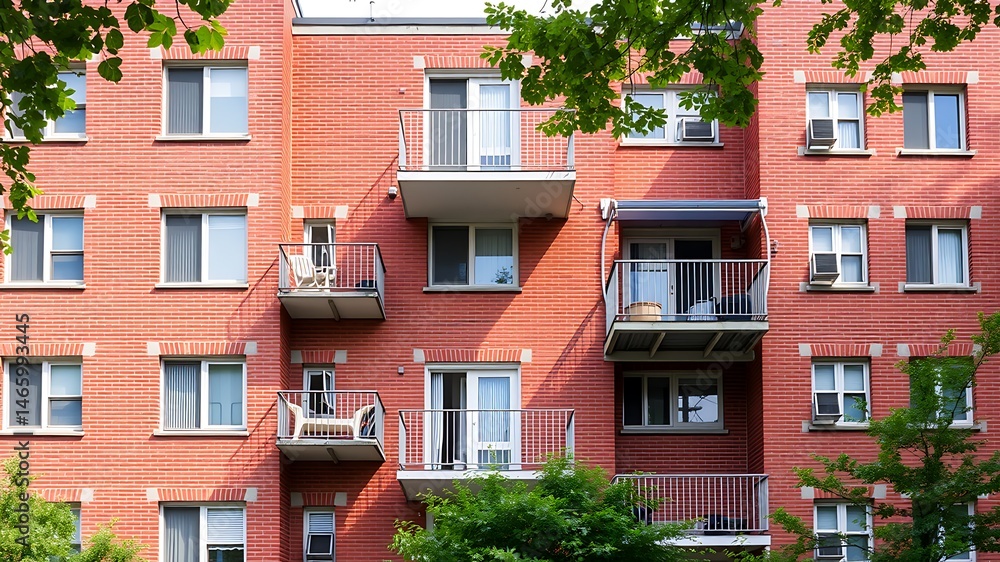 Fototapeta premium Modern Red Brick Apartment Building Exterior with Balconies and Greenery