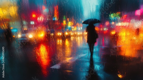 Rainy city street scene with vibrant lights through a window.
