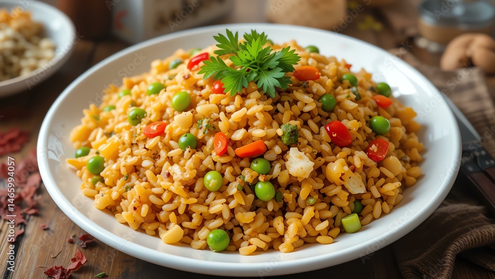 A vibrant serving of fried rice topped with fresh cilantro, featuring a mix of colorful vegetables, perfect for a delicious and satisfying meal. A vibrant serving of fried rice topped with fresh cilantro, featuring a mix of colorful vegetables, perfect for a delicious and satisfying meal.