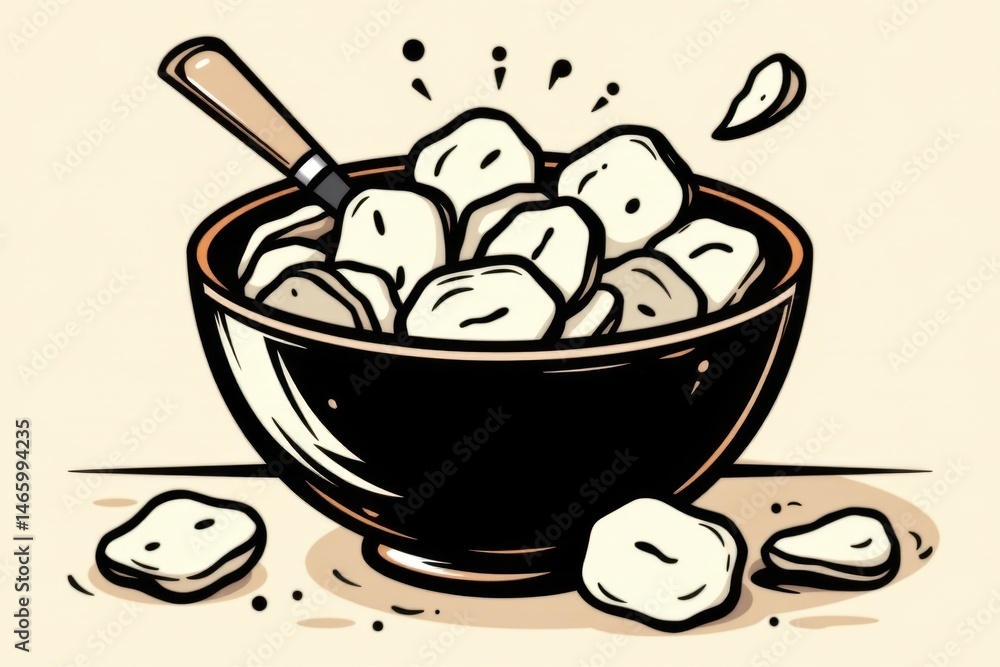 a stylized, geometric illustration emphasizing clean lines, bold contrasts, and simplified shapes of the bowl and chips. a stylized, geometric illustration emphasizing clean lines, bold contrasts, and simplified shapes of the bowl and chips.