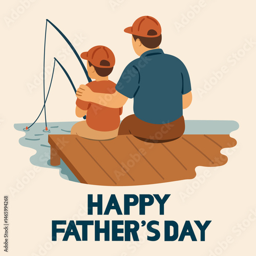 A heartwarming vector illustration of a father and son fishing together on a wooden dock, celebrating Father’s Day. The image conveys love, bonding, and quality time between a parent and child. 