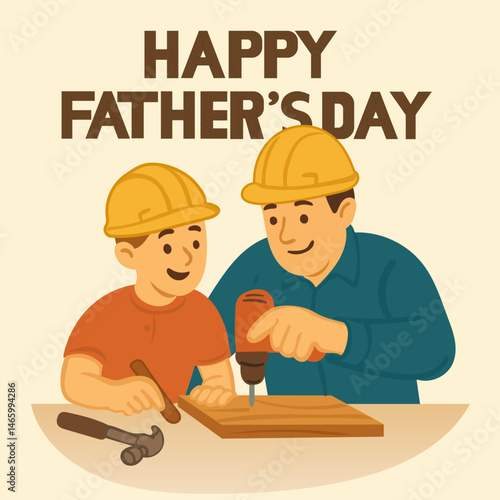 Father and son building together on Father’s Day, wearing construction helmets — vector illustration.
