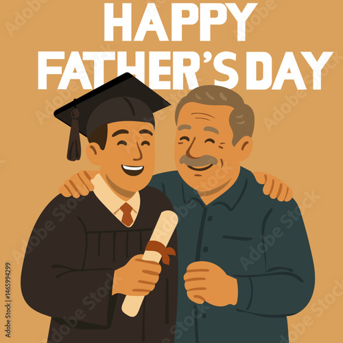 A heartwarming vector illustration of a father and his son celebrating graduation. The son, wearing a cap and gown, holds a diploma while embracing his proud father.
