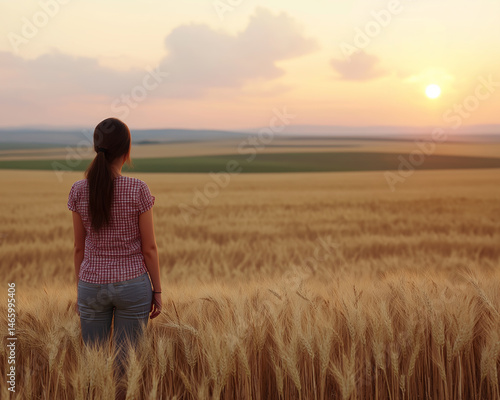 Woman standing in wheat field watching the sunset
