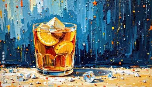 an oil painting with thick, textured brushstrokes emphasizing the richness of the drink and the crispness of the ice, in warm yellows and cool blues.