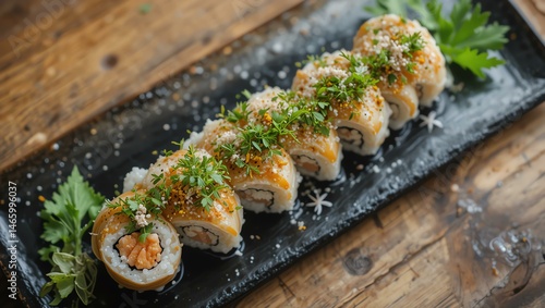 Delicious sushi rolls plated elegantly with fresh herbs and toppings, perfect for showcasing exquisite Japanese cuisine in various food photography.