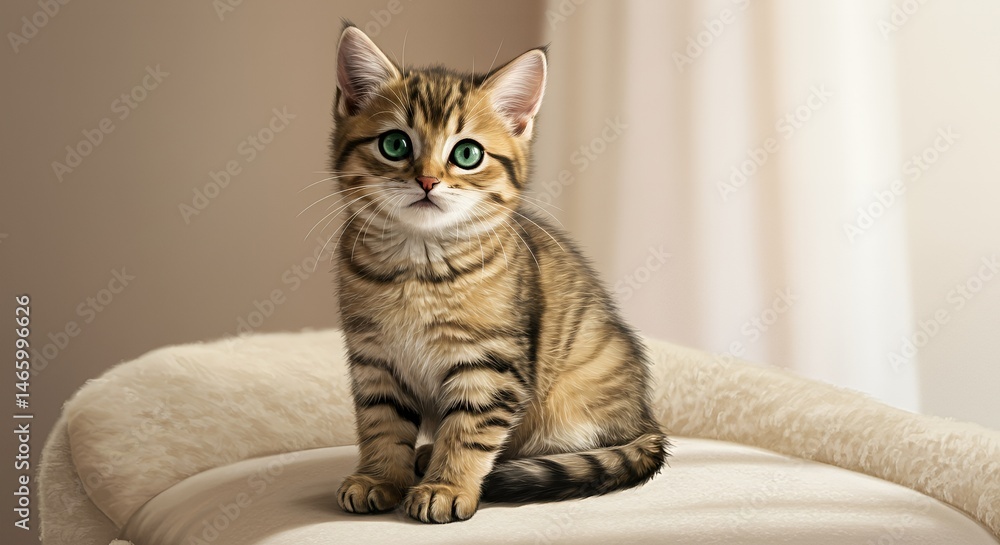 Adorable Tabby Kitten with Bright Green Eyes on Cream Cat Bed Adorable Tabby Kitten with Bright Green Eyes on Cream Cat Bed