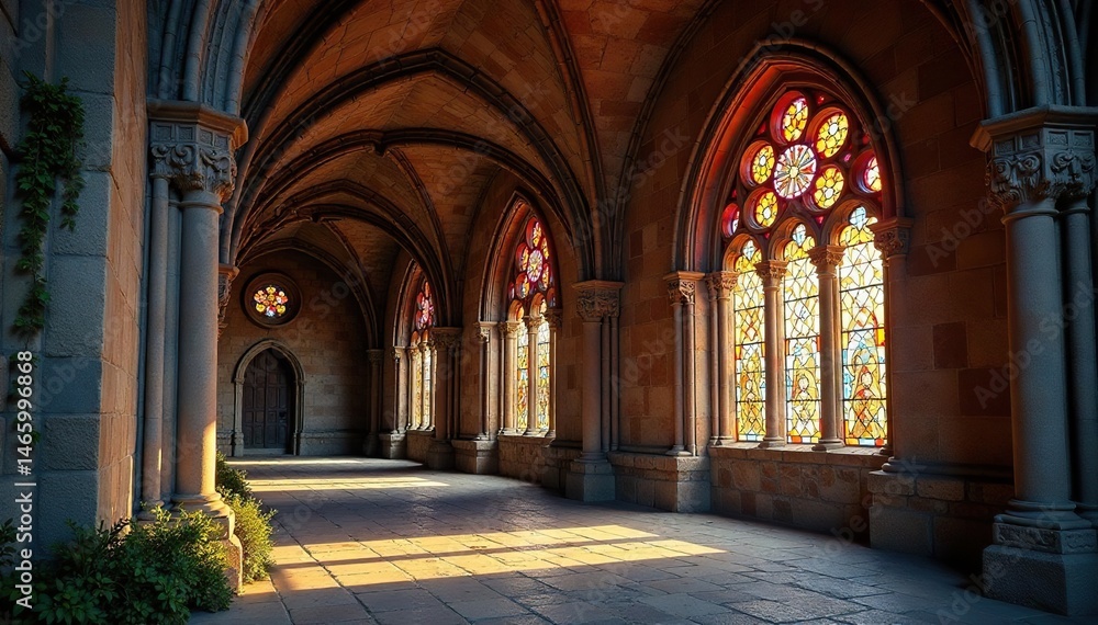 Obraz premium Ancient stone church with stained glass window, window, symbol, cathedral