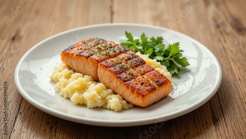 Deliciously grilled salmon fillet served on creamy mashed potatoes with a garnish of fresh parsley. A mouthwatering dish for seafood lovers.