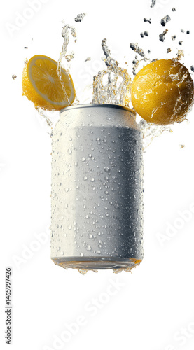 Refreshing, fizzy drink can with lemons