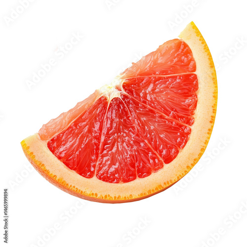 Sweet juicy grapefruit slice isolated on transparent background. Piece of delicious red grapefruit and orange. Cut out image.