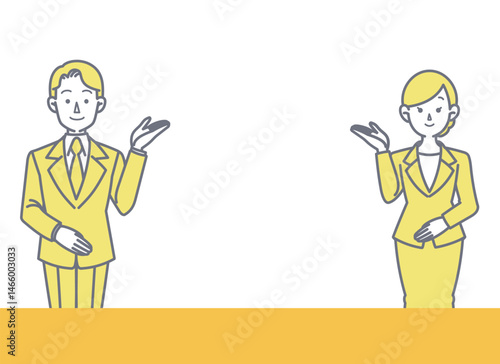 スーツ姿の男女が案内するイラスト