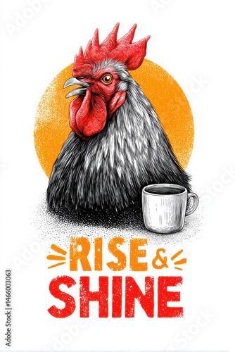 rise and shine ,Gritty exaggerated drawing illustration shows determined rooster bird hand drawn and crowing, bringing energetic art