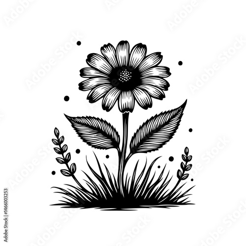Elegant monochrome botanical illustration of a blossoming flower and plants