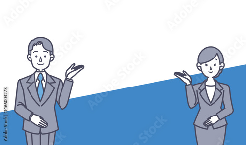 スーツ姿の男女が案内するイラスト
