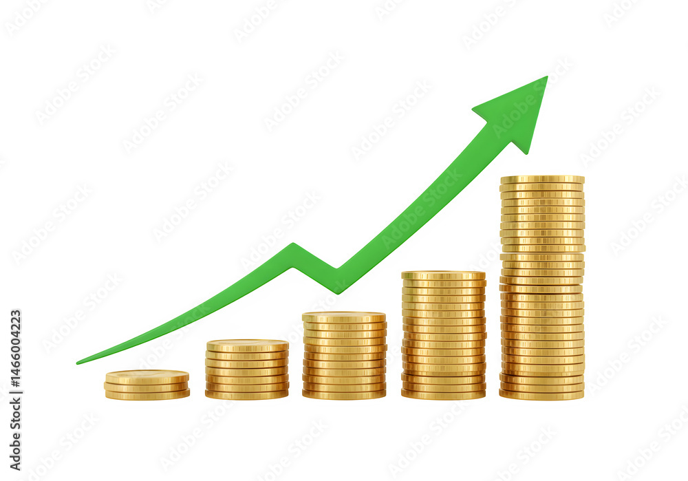 Increasing stacks of golden coins with a smooth upward green arrow, representing financial success and growth with an environmentally positive connotation, isolated on white or transparent background. Increasing stacks of golden coins with a smooth upward green arrow, representing financial success and growth with an environmentally positive connotation, isolated on white or transparent background.