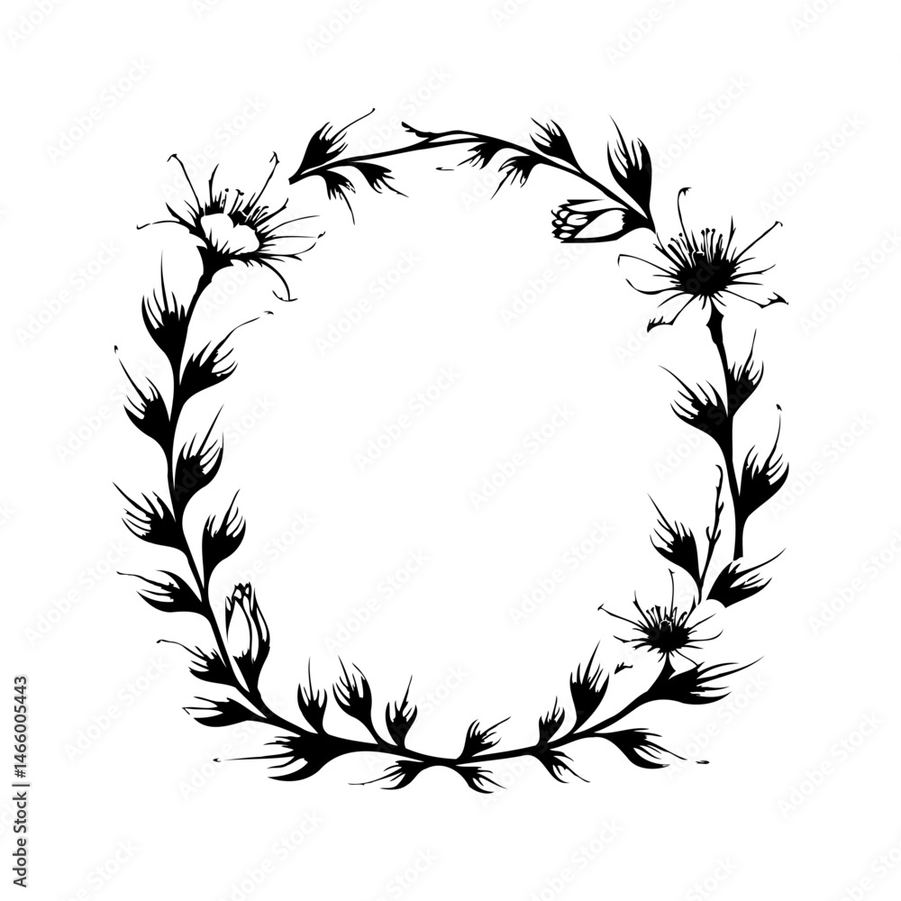 custom made wallpaper toronto digitalFloral Circle Design: Elegant Botanical Wreath, Monochrome Decorative Illustration