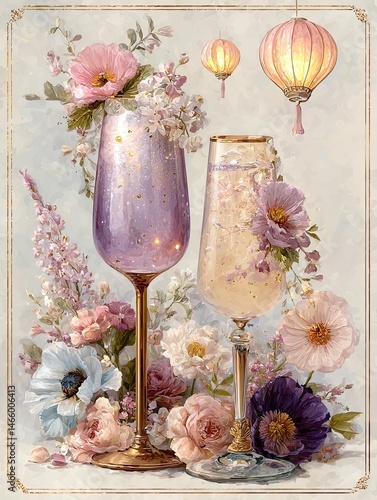 Fototapeta Naklejka Na Ścianę i Meble -  Two elegant cocktail glasses surrounded by blooming flowers and pastel lanterns create a romantic, vintage celebration scene.