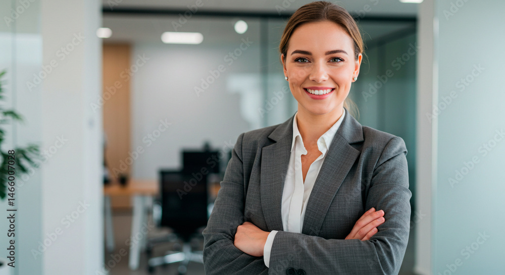 Confident professional woman in office. Leader with warm smile and arms crossed in modern workplace. Successful businesswoman portrait. Confident professional woman in office. Leader with warm smile and arms crossed in modern workplace. Successful businesswoman portrait.
