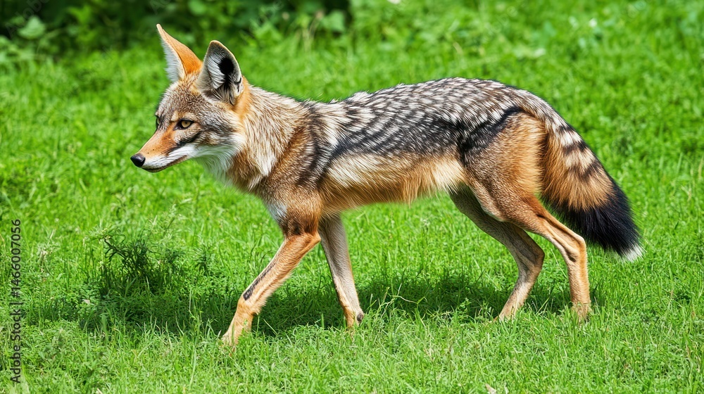 African wild dog walking through lush green grass. Detailed view of a canid with reddish-brown fur and dark spots. Ears are erect, and the animal is in profile African wild dog walking through lush green grass. Detailed view of a canid with reddish-brown fur and dark spots. Ears are erect, and the animal is in profile