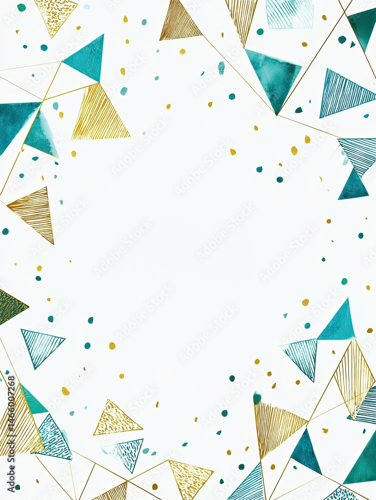 Abstract geometric border with triangles and dots in teal, gold, and black on a white background. Abstract geometric border with triangles and dots in teal, gold, and black on a white background.