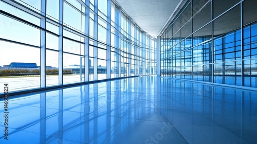Bright airport interior spacious hall with clean floor reflectio