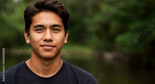A relaxed headshot of a young man with dark hair and a calm expression, set against a natural green backdrop.