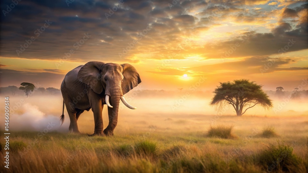 Obraz premium Majestic elephant steps into a foggy savannah landscape at dawn, safari, nature, safari
