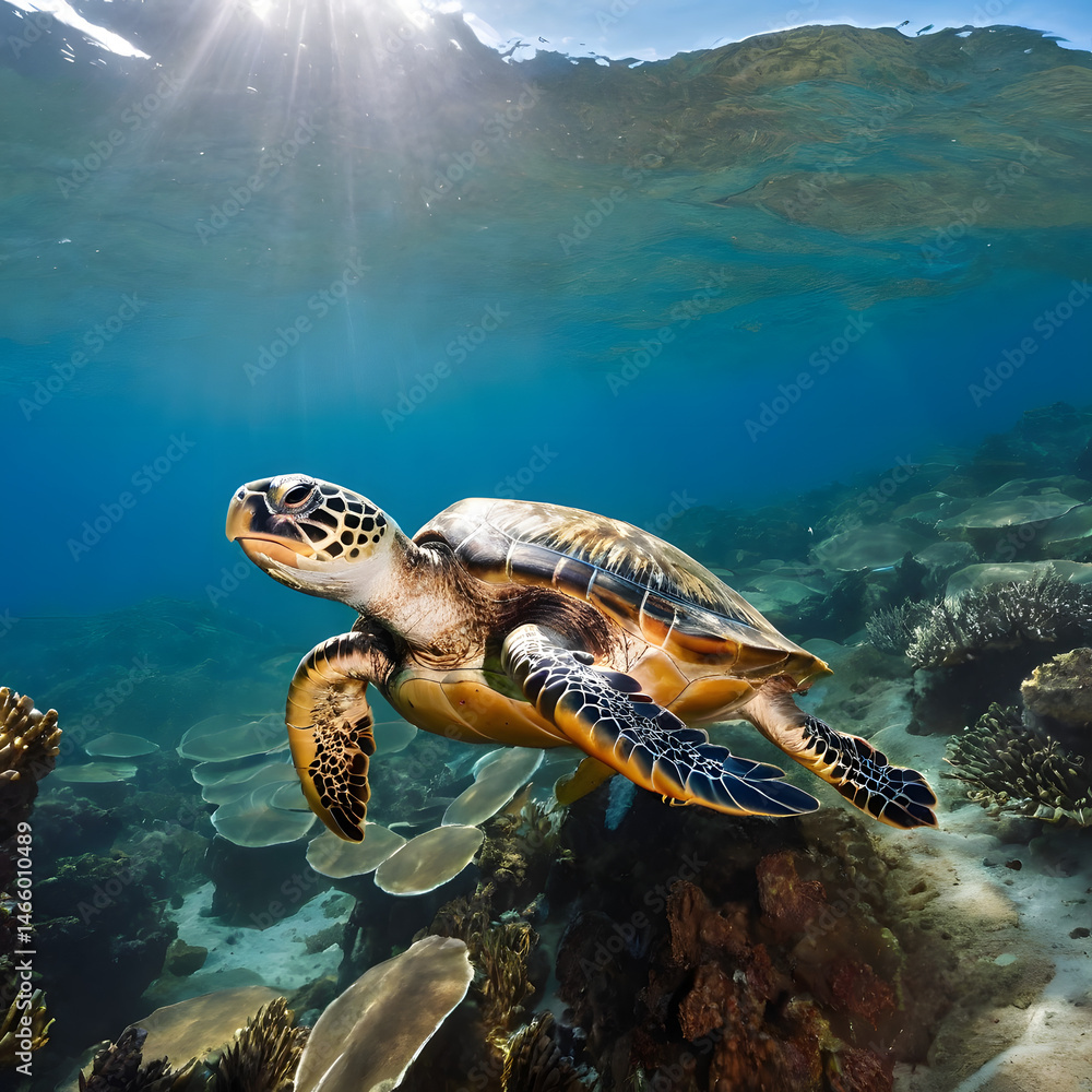 Fototapeta premium Majestic Green Sea Turtle Gracefully Swimming in a Vibrant Coral Reef Sunbeams Illuminating the Ocean
