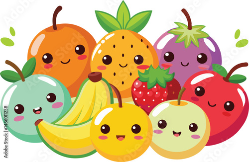 Cute Cartoon Fruit Illustration: Kawaii Apple, Orange, Pineapple, Banana, Strawberry, Plum, Pear, Healthy Food Clipart, Vector Graphic