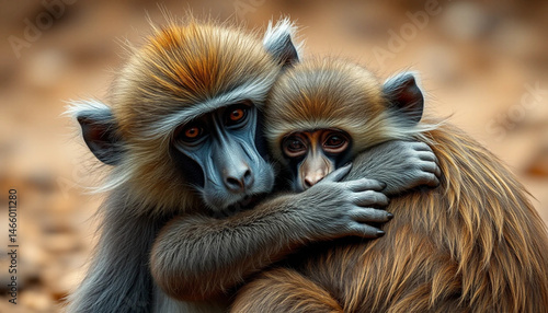 Wallpaper Mural Two Monkeys Embracing Affectionately in a Natural Setting with Soft Lighting Torontodigital.ca